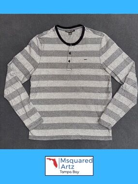Michael Kors Gray Striped Long Sleeve Henley Shirt Mens Large